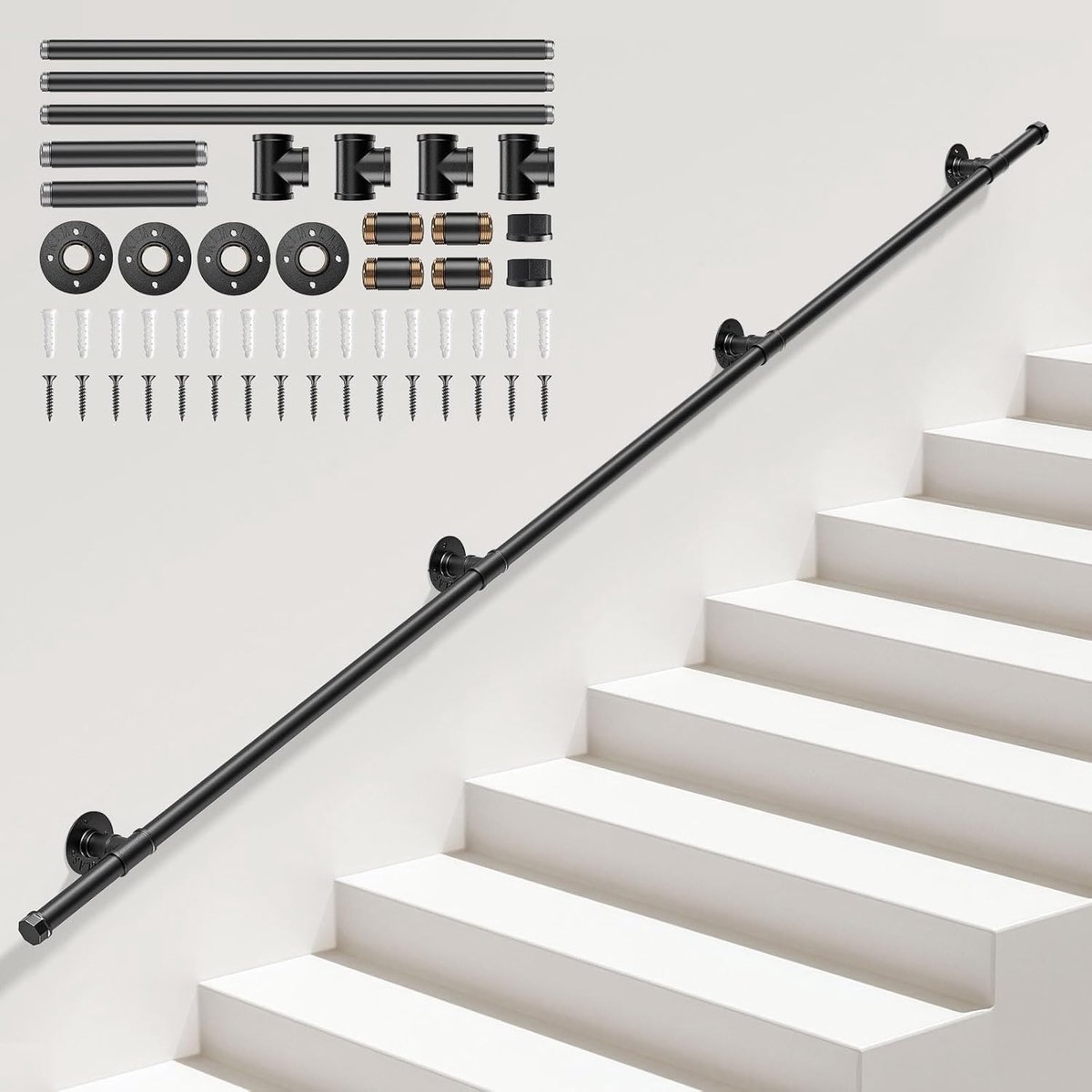 Trapleuningen voor trappen, 3M trapleuning voor binnen en buiten, veiligheidswandmontage handrails voor ouderen, kinderen, gehandicapten, anti-slip industrieel smeedijzeren leuning