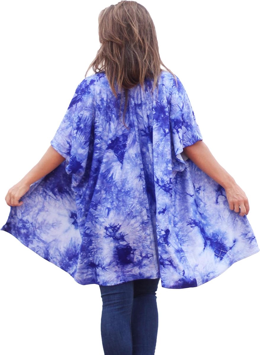 Zomervest voor dames, losse kimonoblouse met zeer zachte jerseystof, batik-print. Combineer met top of bikini. Gemaakt door ambachtslieden in Spanje., Caftan Batik Print Blauw, One size