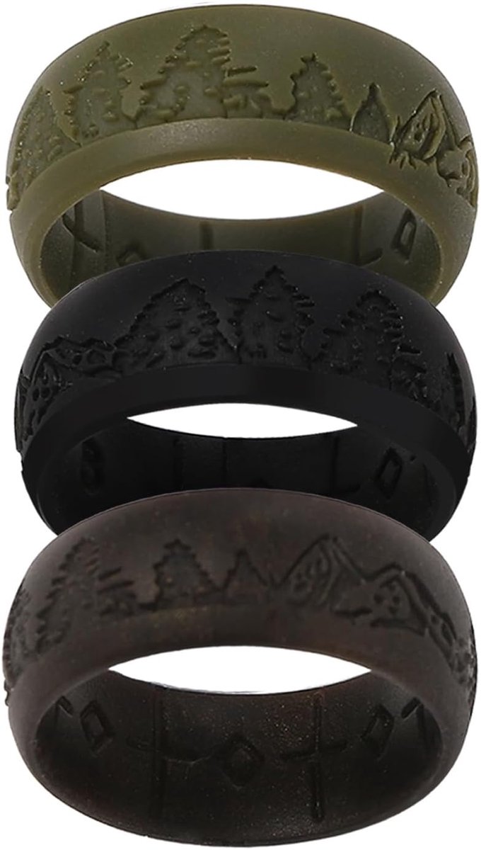 Ringen voor mannen: 8,5 mm berg & boom patroon met kruis siliconen ringen rubber trouwringen bruiloft banden voor outdoor sport fitness camping, zwart legergroen brons