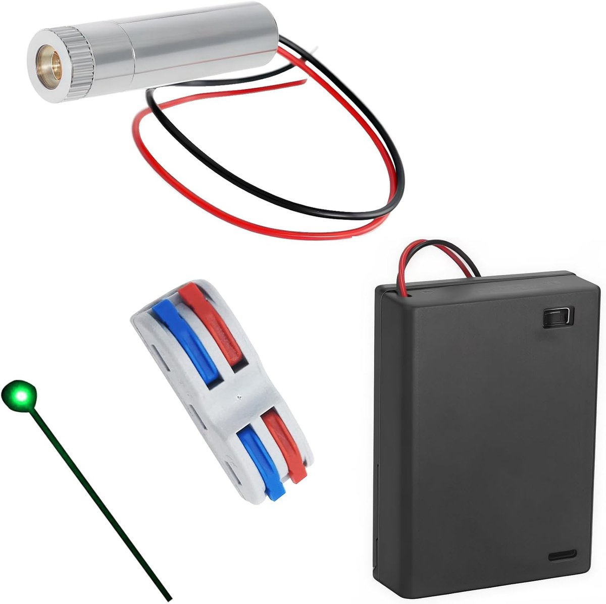 1 stuk 520 nm 3-5V groene laserpuntmodulediode met driver, kunststof lens, aansluitblok en AA-batterijhouders, 15 cm kabel (lichtbron: punt)