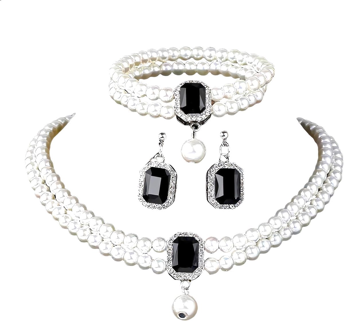 Parel Ketting Oorbellen Sets Franse Kristal Bruids Faux Parel Kraag Ketting Armband Franse Gelaagde Strass Sieraden Sets voor Vrouwen