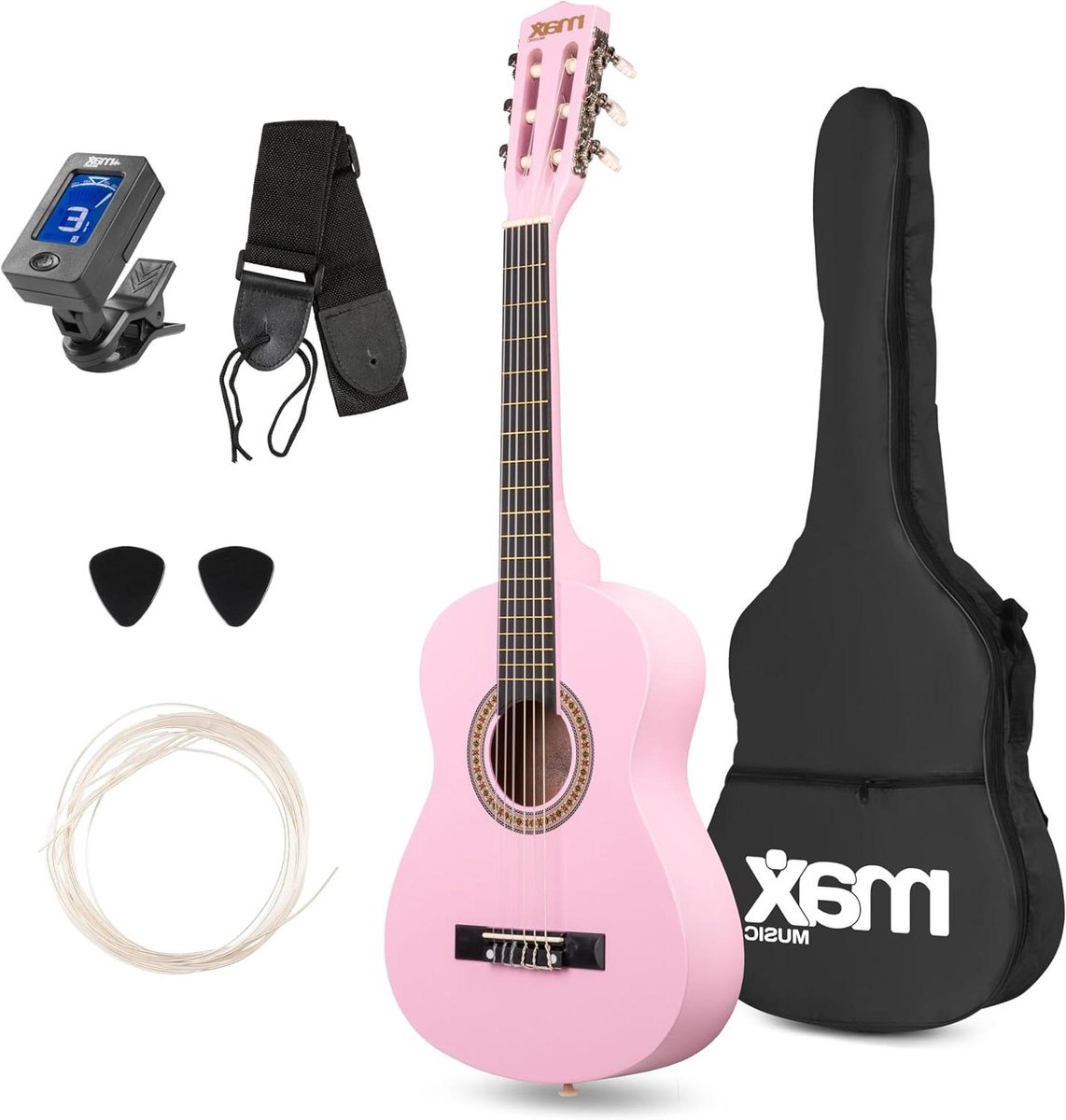Kinder Gitaar Starterset - Akoestische Gitaar Klassieke Gitaar - Muziek Leren Spelen - Compleet met Accessoires - 1/4 Formaat - Roze