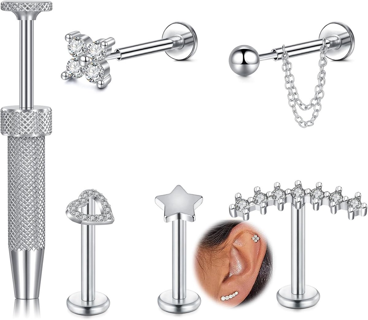 16G Platte Terug Oorbellen Studs Rvs Push In & Schroef Vorm Tragus Oorbellen Cz Bloem Hart Tragus Kraakbeen Helix Conch Lip Labret Neusgat Piercing Sieraden