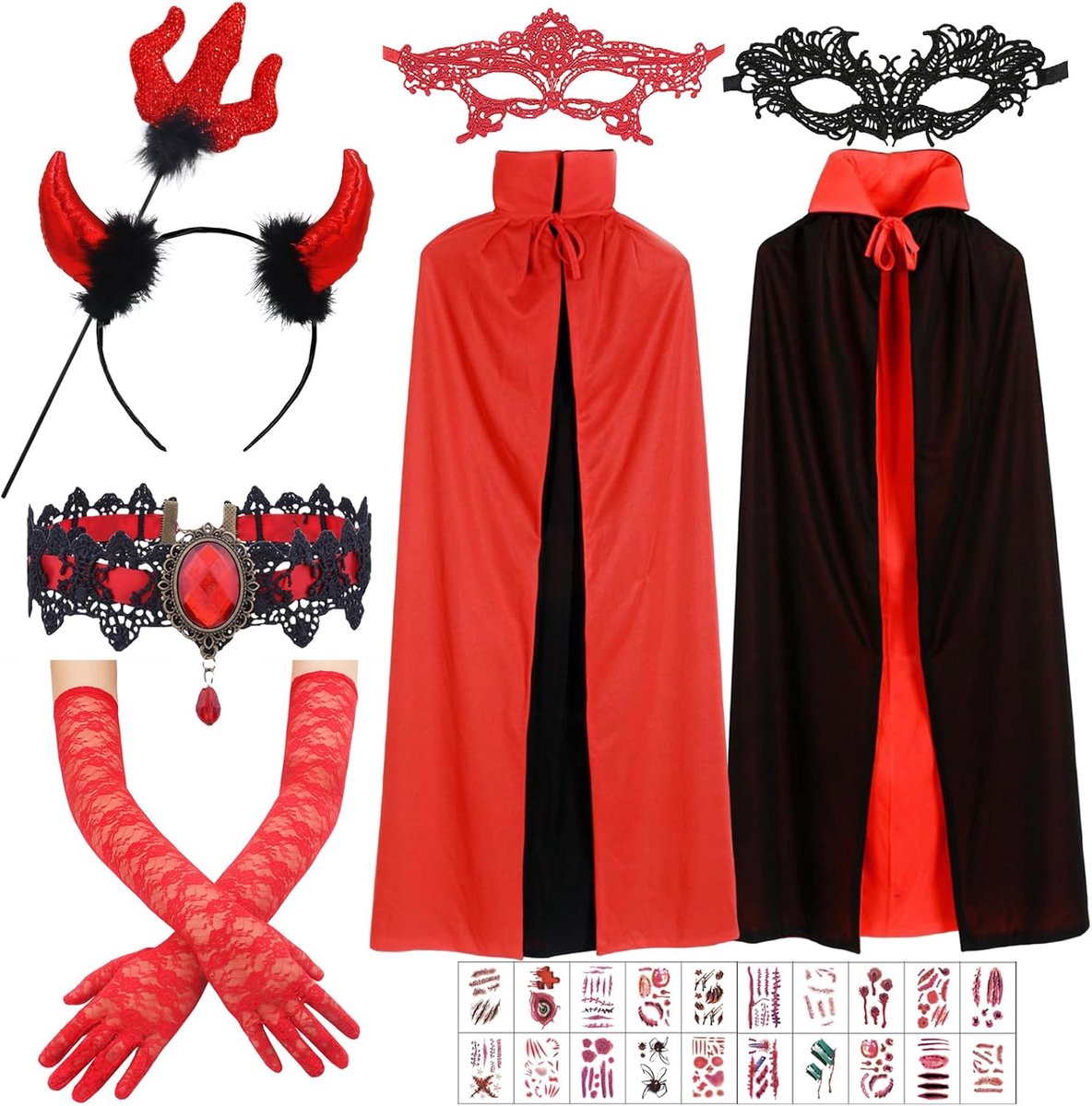 Teuvelkostuum voor dames, Halloween-vampiercapset, Halloween-kostuum voor dames, duivel, omkeerbaar, zwart-rood, vampierkostuum voor jongens meisjes, Halloween-kostuum voor themafeest, cosplay,