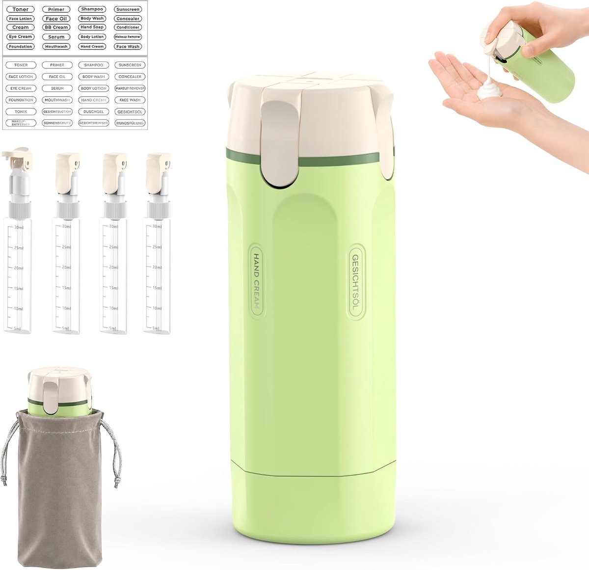 4-in-1 reistoiletartikelen draagbare dispenser is een navulbare, lekvrije reiscontainer met label en tas. Het beschikt over een pompdispenser die geschikt is voor shampoo, lotion, conditioner en