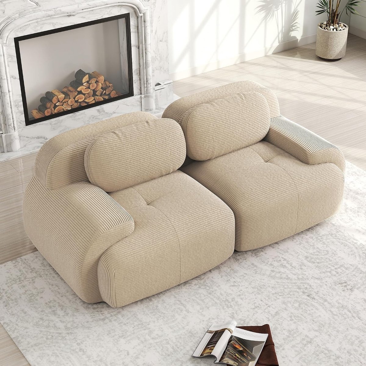 Modulaire bank, 2-zits, met 32D-hoogdichtheidsschuim – Cloud Couch zonder montage, corduroy stof, combineerbaar woonlandschap met kruk, moderne woonkamerbank, beige (beige, H-2S)