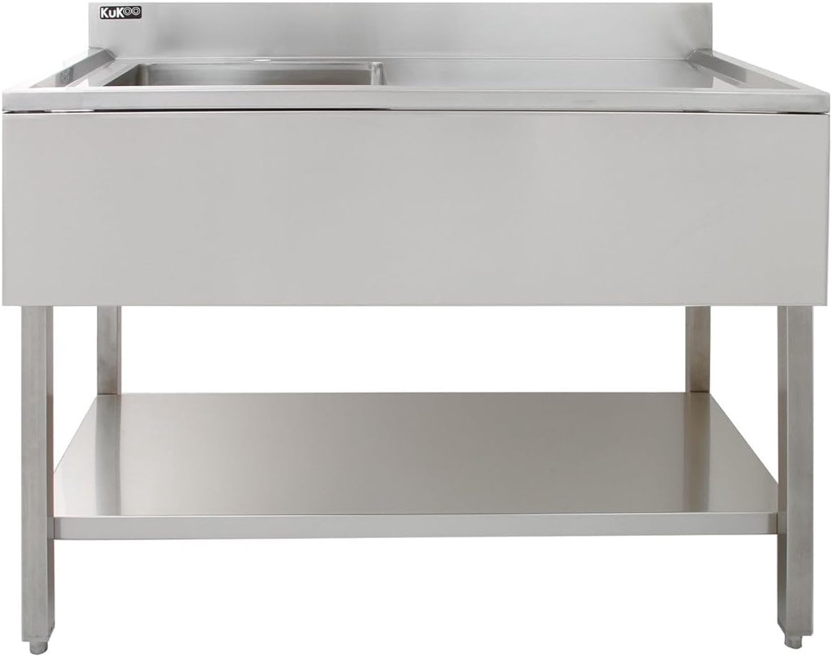 Spoeltafel Roestvrij Staal Commerciële Keuken Restaurant Spoelbak Enkele Kom Rechter Afdruipvlak Vrijstaand Onderste Opbergplank Verstelbare Poten Spatwand GRATIS Zeefplug 90 x 120 x 60cm