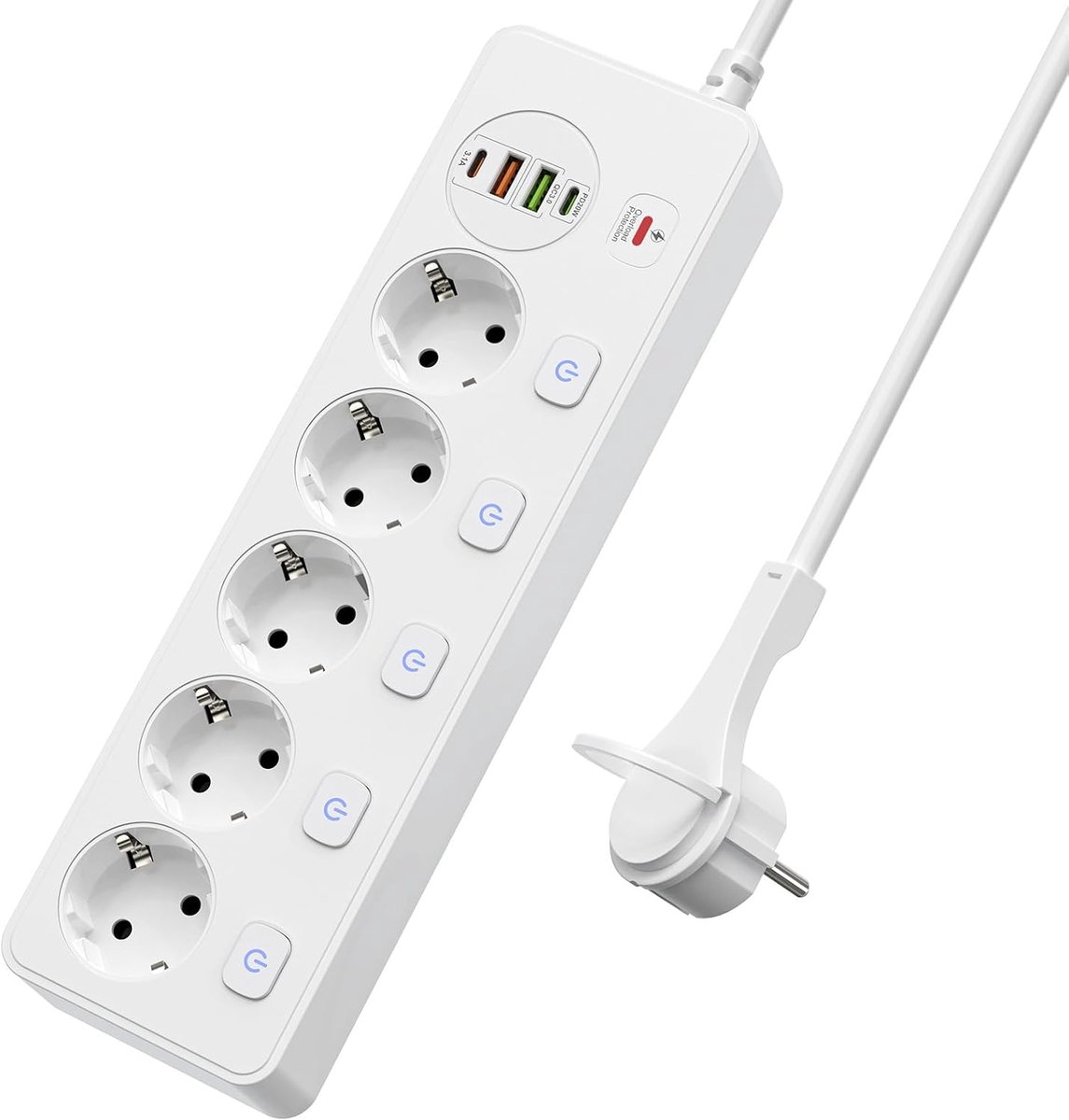 5-voudig, afzonderlijk schakelbaar, meervoudige stekkerdoos met 2 USB A en 2 USB C, verdelerstopcontact, 5-voudig met schakelaar, wandcontactdoos, wandmontage met 2 m verlengkabel, PD 20