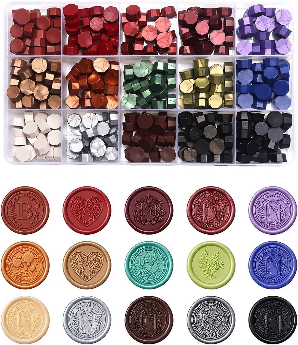 Set van zegelwas en waszegelkralen, 15 kleuren, 300 stuks, retro voor elegante zegel op uitnodigingen, kaarten en doe-het-zelf