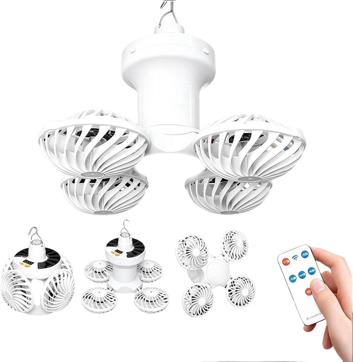 Zaklamp op zonne-energie met led, voetbaldesign, opvouwbaar, campinglamp, oplaadbaar, met powerbank en afstandsbediening, 360° koeling en verlichting, voor tent (4-in-1)