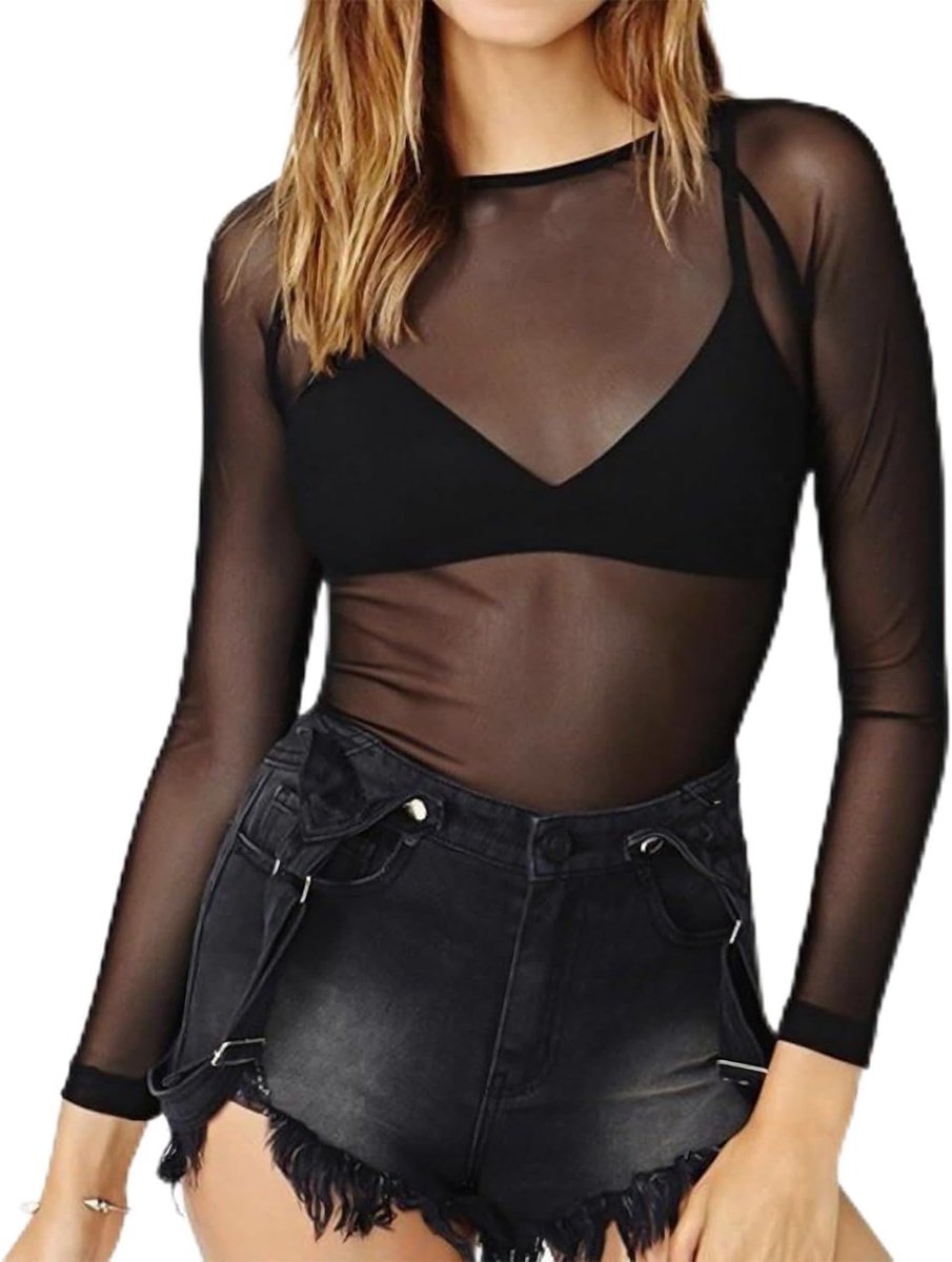 Transparante damesoutfit, zwart transparant overhemd, skinny zwarte transparante damesoutfit