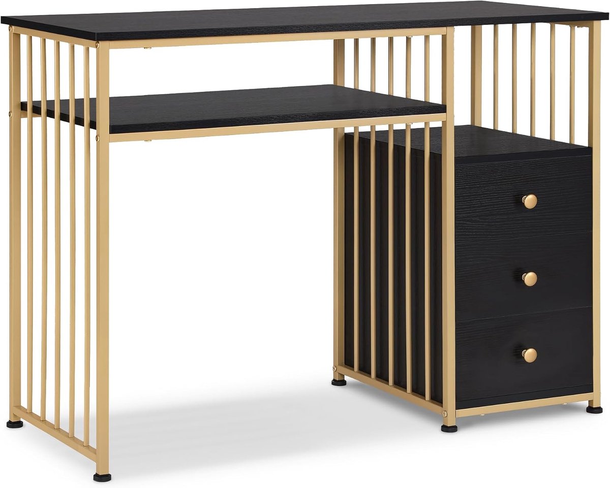 MCombo bureau met lades, kaptafel zonder spiegel zwart en goud, nageltafel van hout, metalen frame, computertafel woonkamer modern, 45,5 x 109 x 81cm, 2407