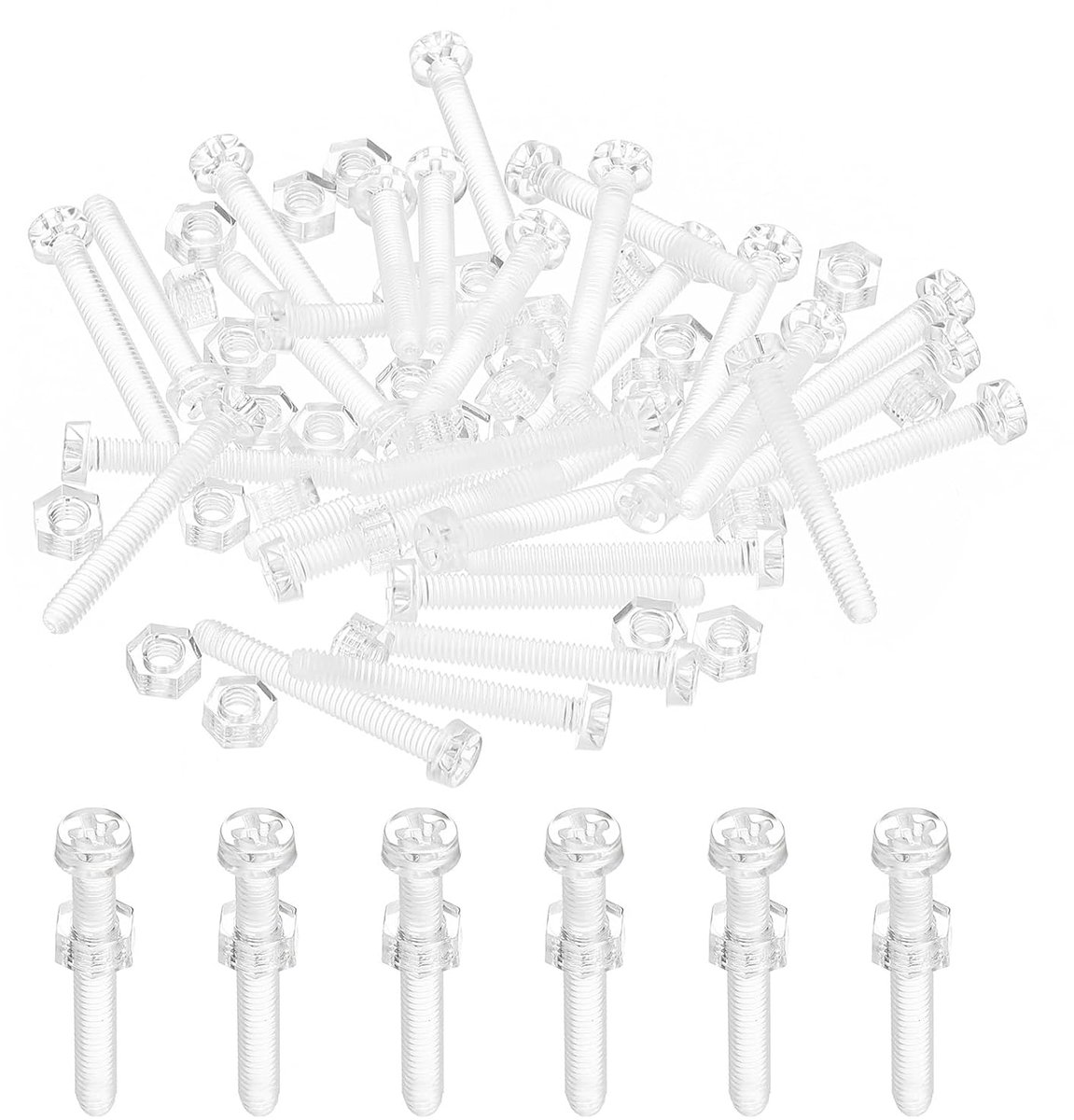 Set van transparante acrylschroeven, M4 x 30 mm en zeskantmoeren, 50 sets met ronde kopschroeven, Phillips kunststof, PC voor machineaccessoires, transparant