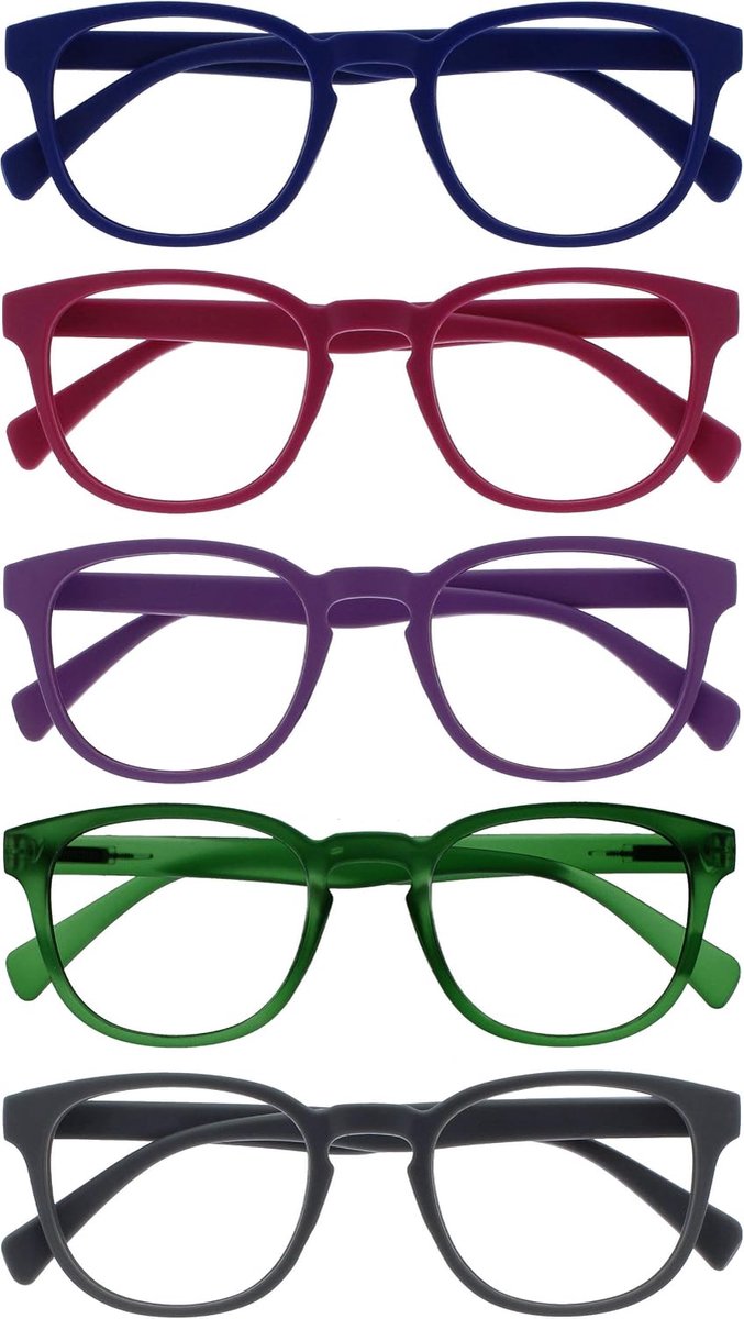 Pop 5 Stuks Retro Ronde Blauw Roze Purper Groen Grijs Mannen Vrouwen Leesbril Scharnieren Met Veer RRRRR2-34567 +1,00