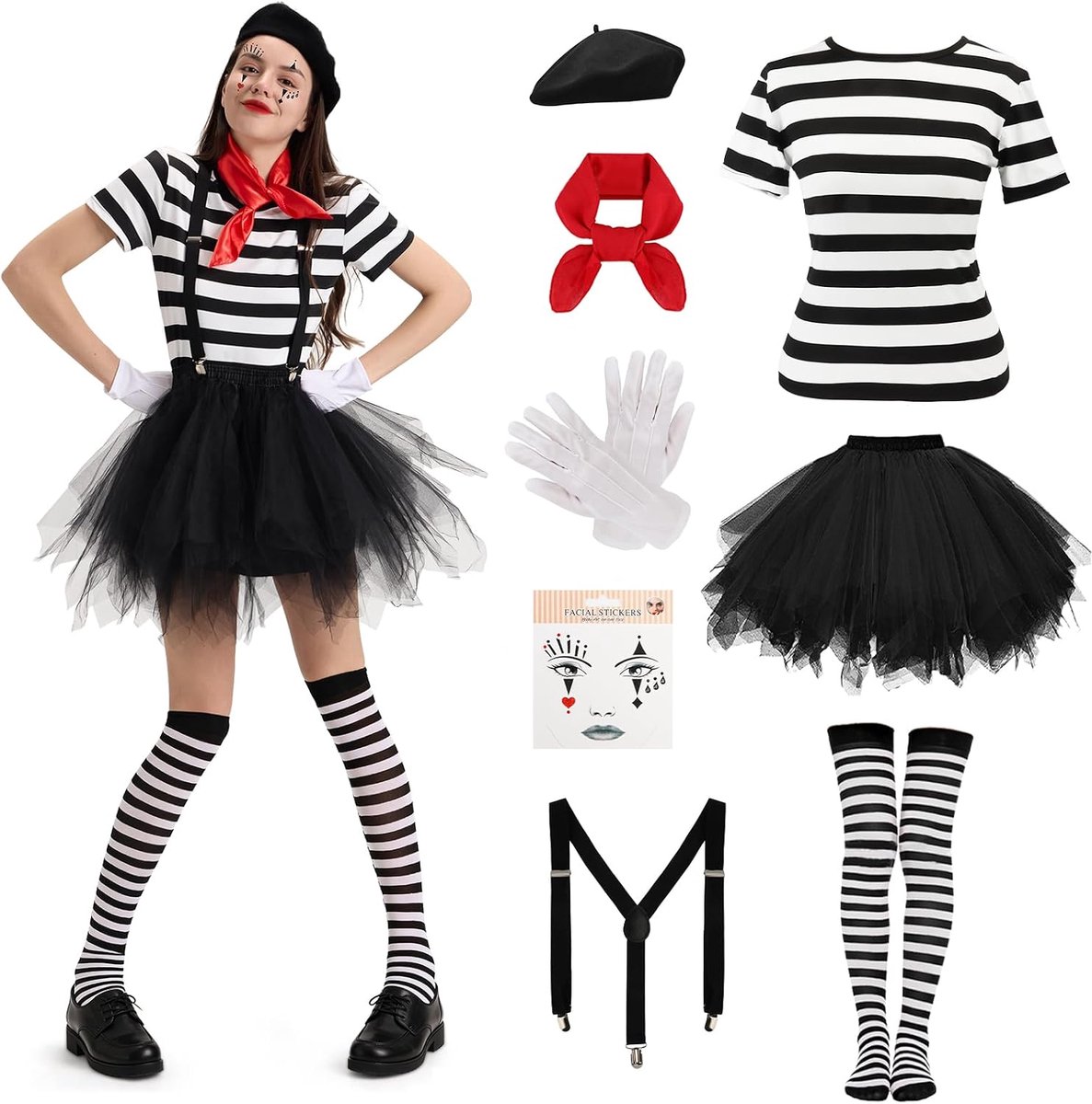 Kostuum voor dames, 10 stuks clownjurk met gestreept bovendeel, pofrok, baret, doeken, handschoenen, verstelbare bretels, pantomime-kostuum voor carnaval, cosplay, party