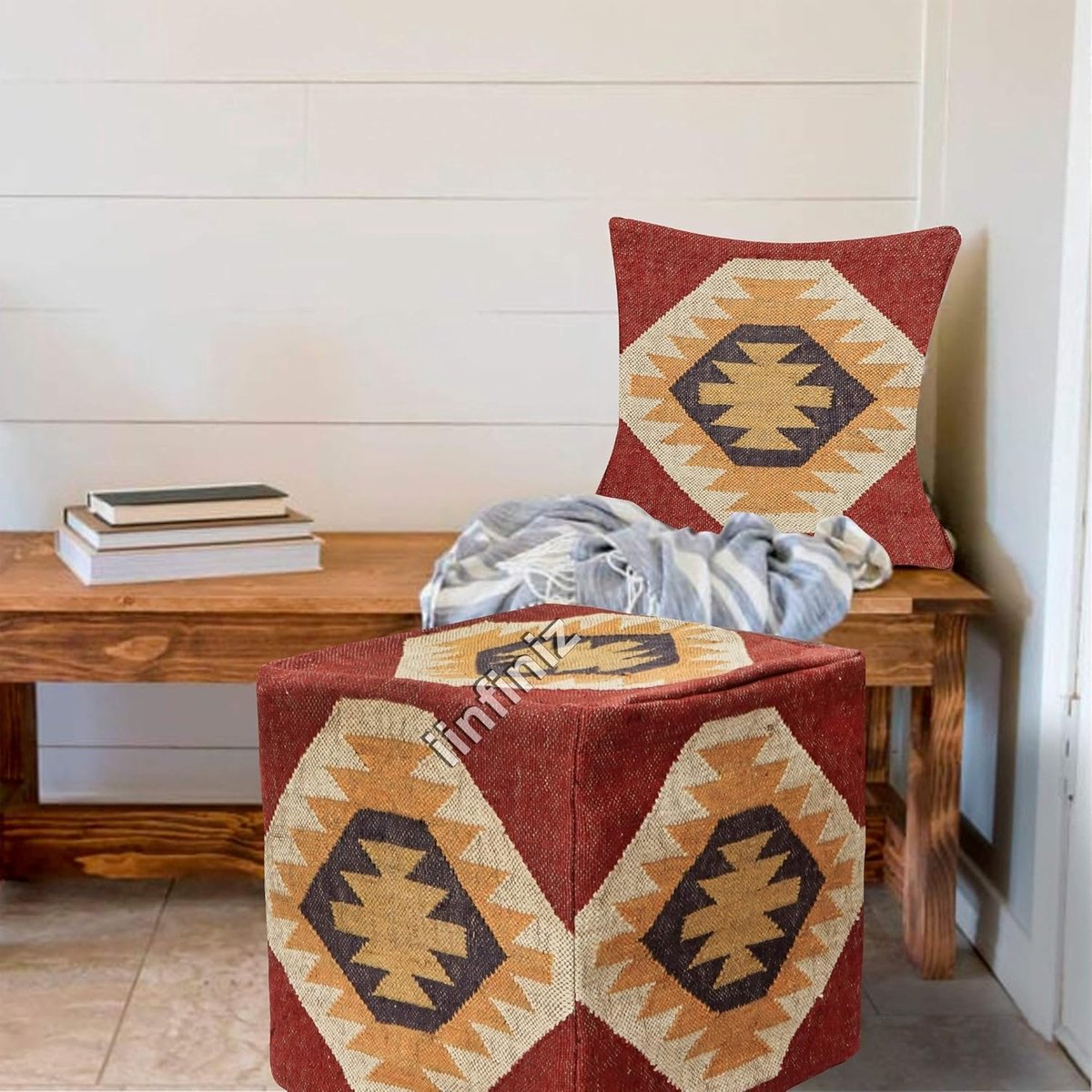 Ottoman pouf 18x18 inch - handgeweven wol jute - vintage bohemian decor - comfortabele voetsteun - SnelShoppen