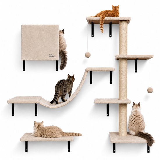 Kat en krabpaal set in beige stof, met muurhuisje, klimbrug, plateaus en krabpaal. Vijf katten op de set.