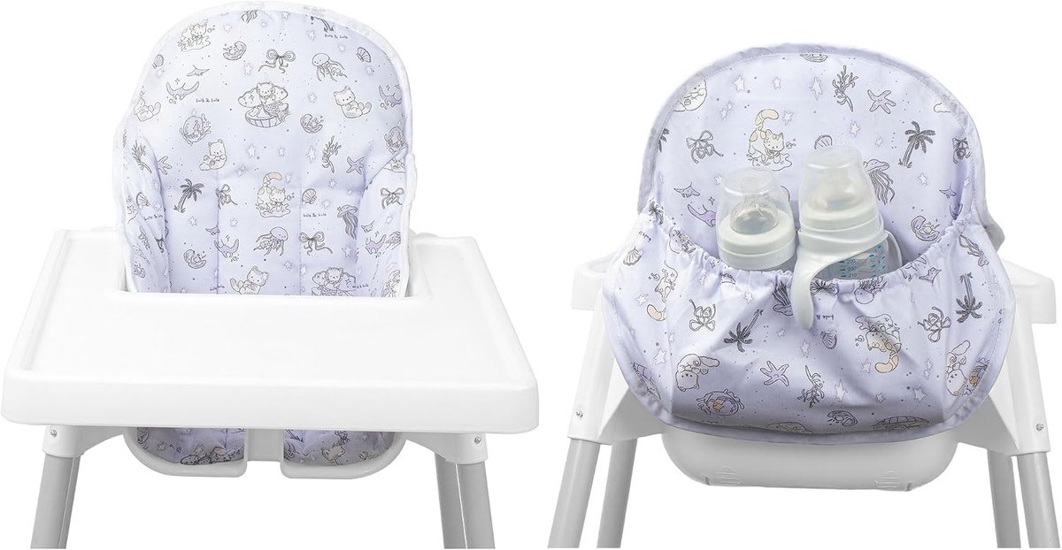 Kinderstoelkussen, voor antilop kussen, met stoeltas, voor IKEA antilop kinderstoel, katoen antislip, zacht, babyzitten comfortabeler (paarse kat zeedierpatroon)