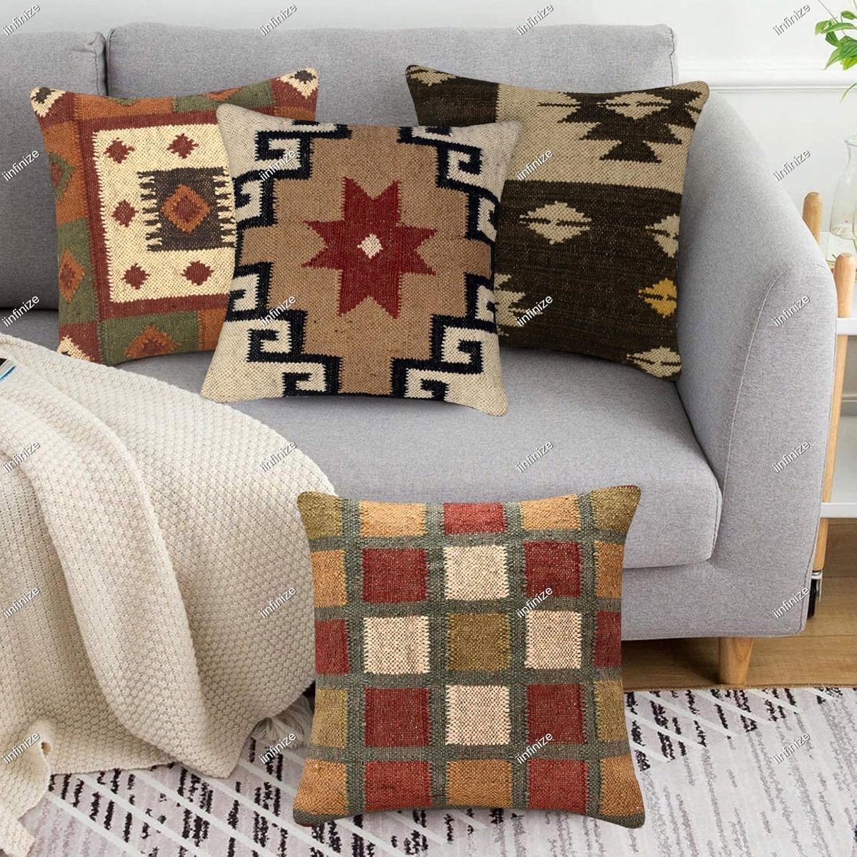 Kussenhoes vierkant 45x45 cm - wollen jute - handgeweven kelim ontwerp - sfeervolle uitstraling - SnelShoppen