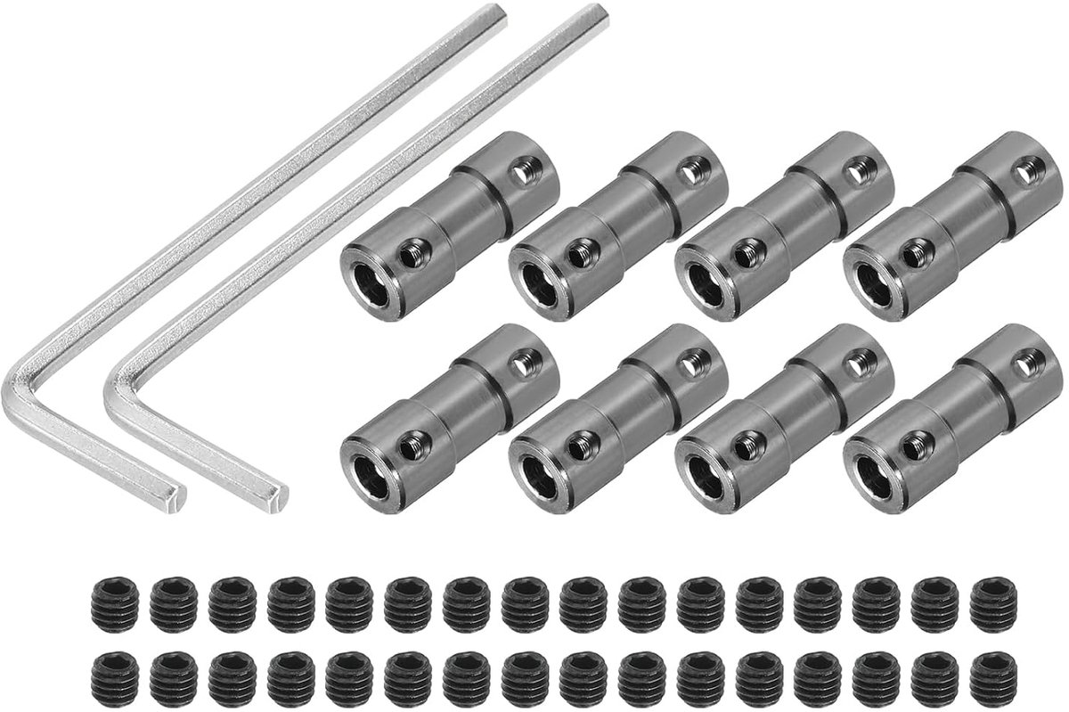 5 mm op 5 mm boring stijve koppeling 25 mm lengte 10 mm diameter M3 aansluiting askoppeling aluminiumlegering voor 3D-printers lichtzilver 8 stuks koppeling 32 stuks schroeven 2 stuks