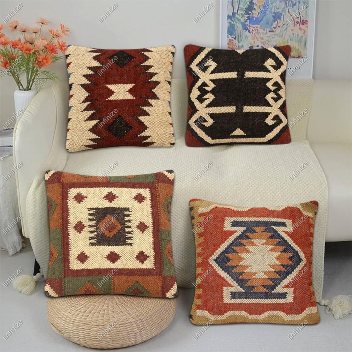 Kussenhoes 45x45 cm - Handgeweven Jute - Vintage Kelim Design - Perfect voor Hippie Woonkamer - SnelShoppen