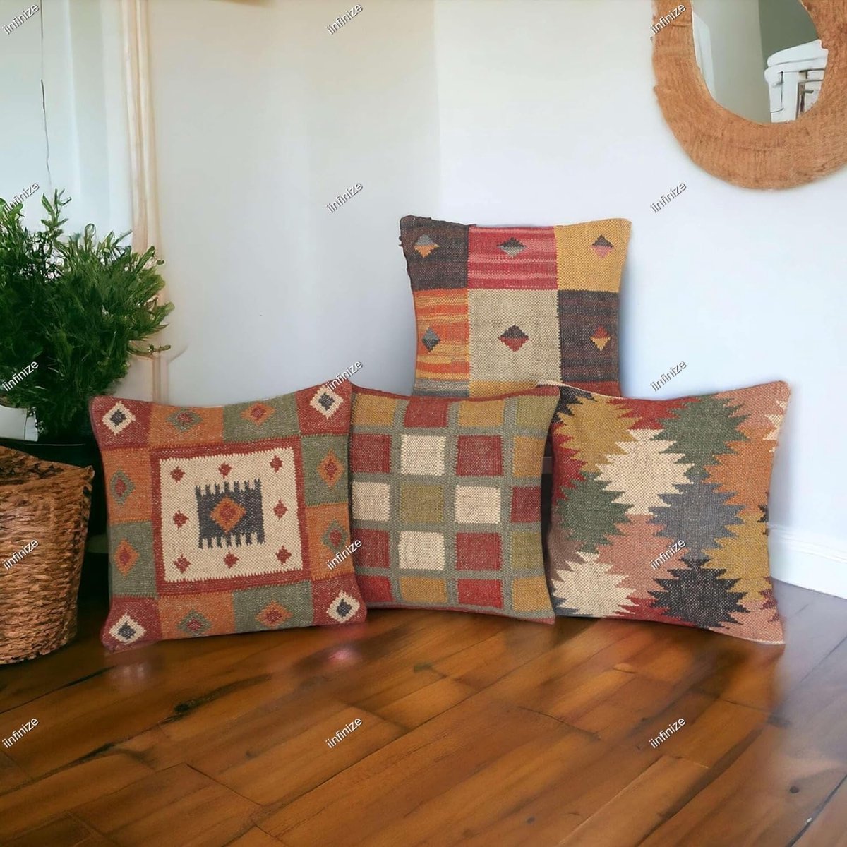 Kussenhoes 45x45 cm - handgeweven wol-jute - Marokkaanse kilim ontwerp - sfeervolle binnen- en buitendecoratie - SnelShoppen