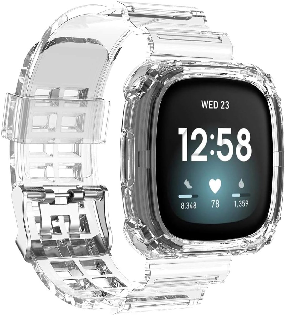 compatibel met Fitbit Versa 3 band/Fitbit Sense riem, zachte transparante TPU sportband met beschermhoes roestvrijstalen gesp compatibel met Fitbit Sense/Fitbit Versa 3