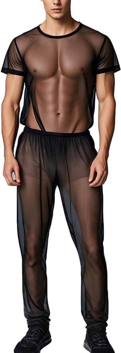 Pyjamasets voor heren, doorzichtig, sexy, mesh, casual, T-shirt, loungebroek, nachtkleding