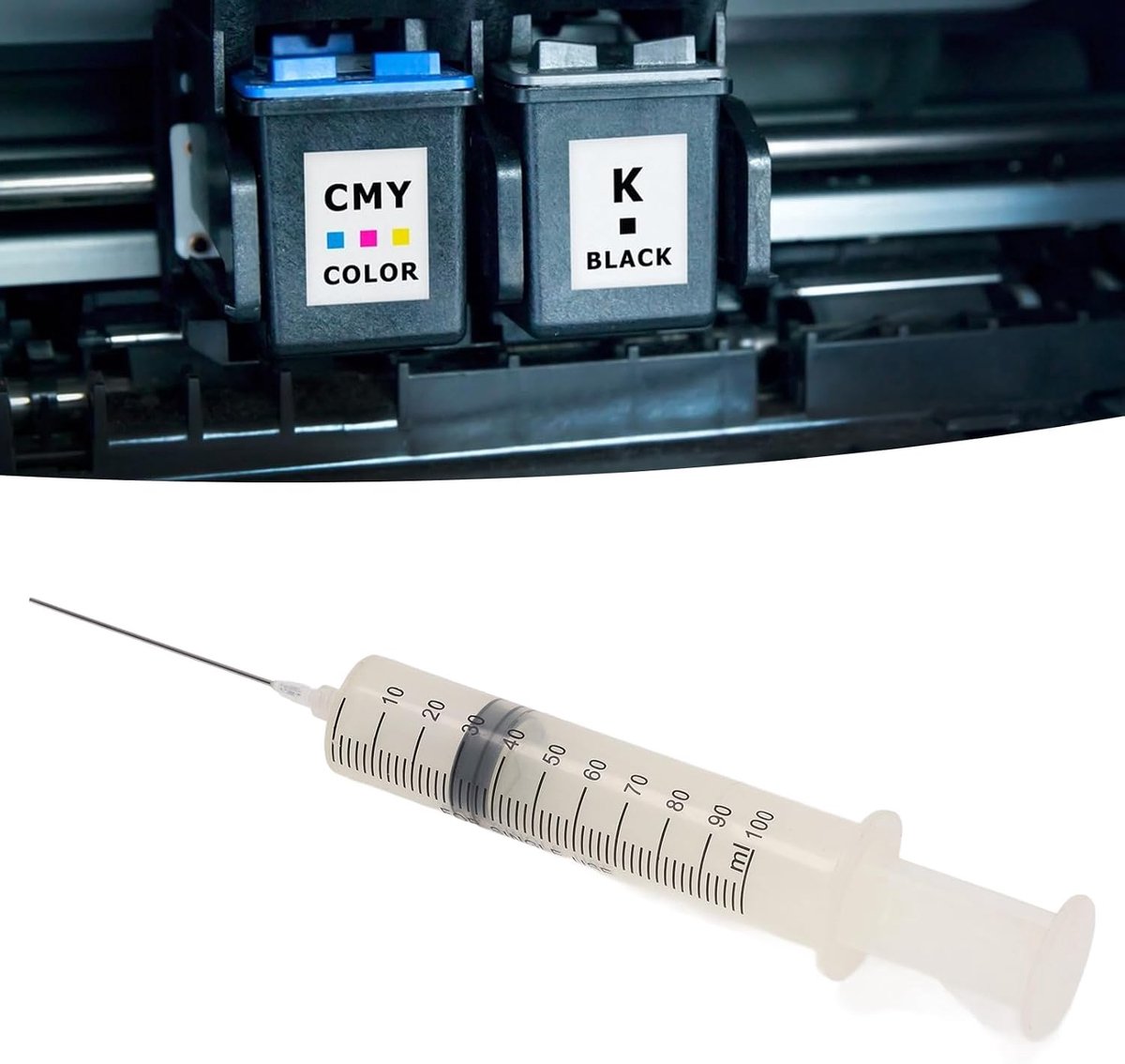 YWBL-WH Inktnavulspuitset 100 Ml Grote Capaciteit met Roestvrijstalen Naald voor Printers, Rommelvrij -navulgereedschap Duurzaam PP-materiaal