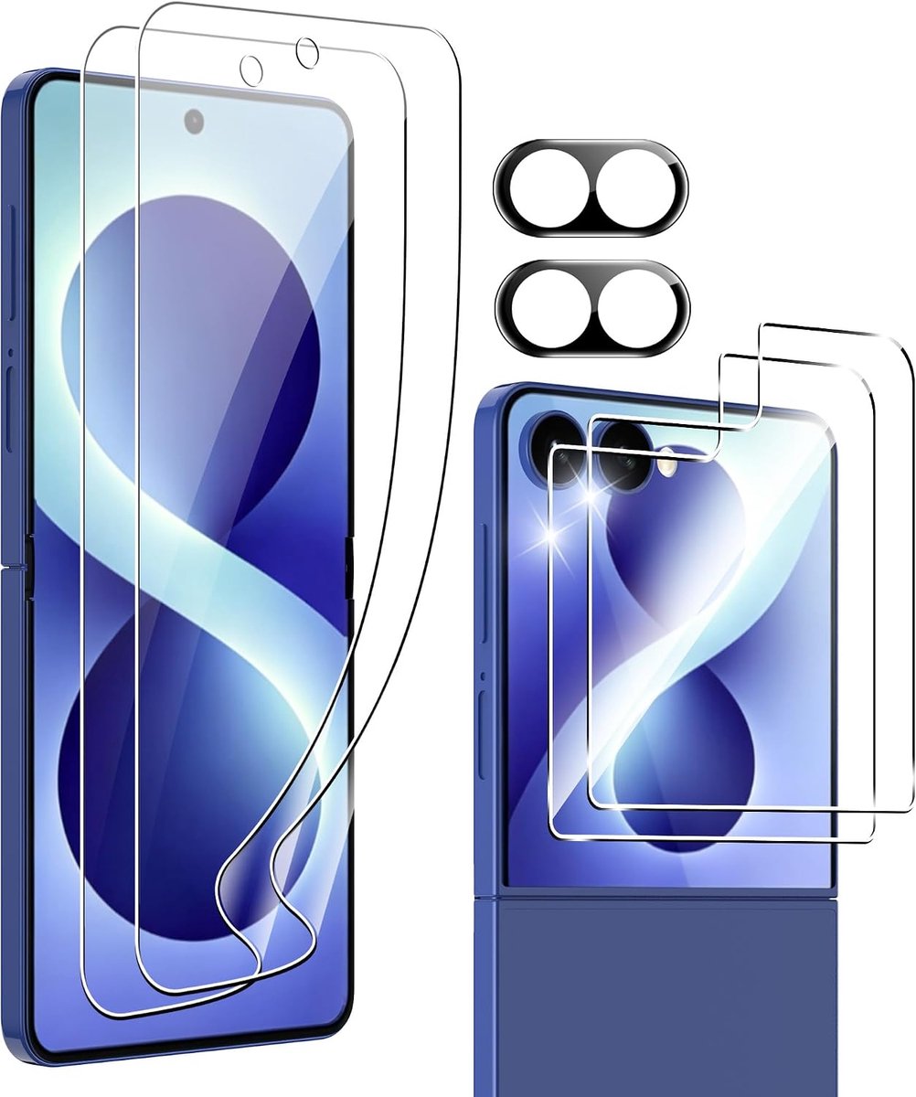 Beschermfolie voor Samsung Galaxy Z Flip 8, pantserglas, [2+2+2 stuks], zachte beschermfolie en camerabeschermfolie, vingerafdruk-ID, geen luchtbellen, ultrahelder, anti-kras