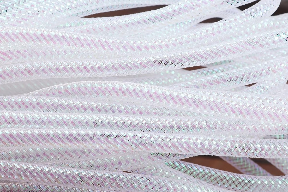 Deco Mesh Tubing Flex met Metaalfolie 8mm x 15 Yards-Iriserend Wit