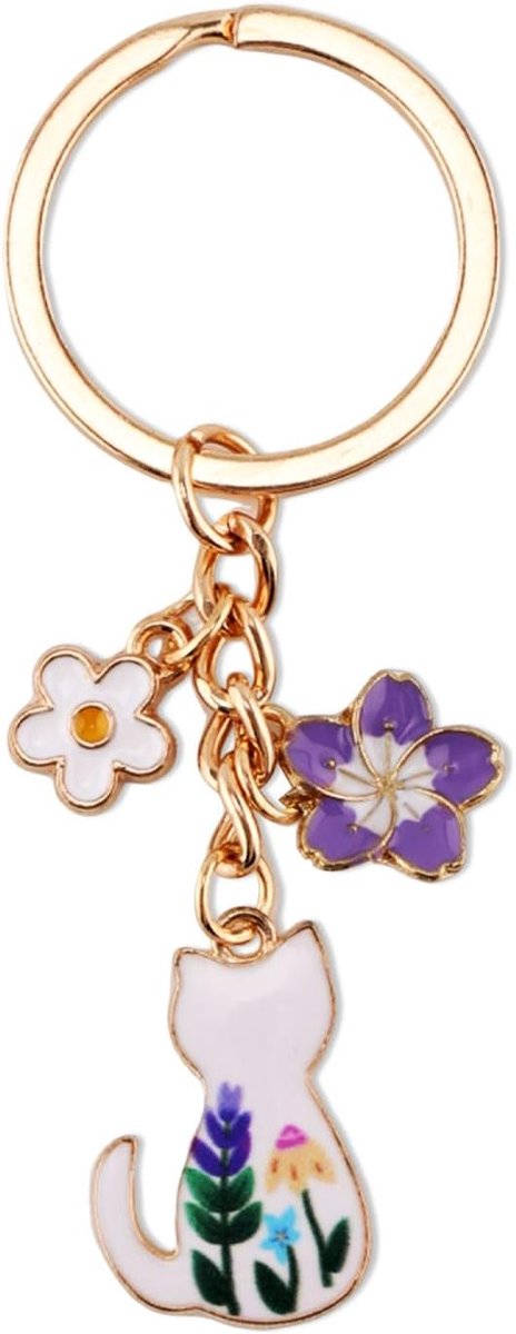 Kat Sleutelhanger, Leuke Tas Charms Emaille Bloem Kawaii Kat Sleutelhangers Japanse Tuin Decoratie voor Autosleutels Portemonnee Handtassen Meisjes Vrouwen Cadeau DIY Ambachten Accessoires