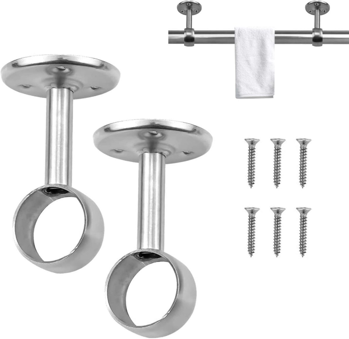 2 stuks gordijnstanghouder, roestvrij staal, houder voor kledingstang, 22 mm diameter, voor douchegordijn, kledingkast, hendelstang, buishouder, huls (76 mm hoog)