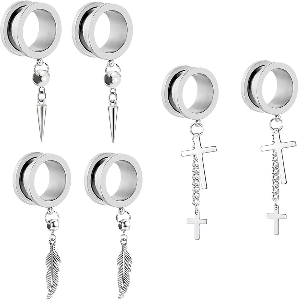 Tunnels met hanger, roestvrij staal, flesh tunnel, set 6-16 mm, hanger, veer, kruisen met schroefsluiting, expander, oorplugs, piercing, oorbellen
