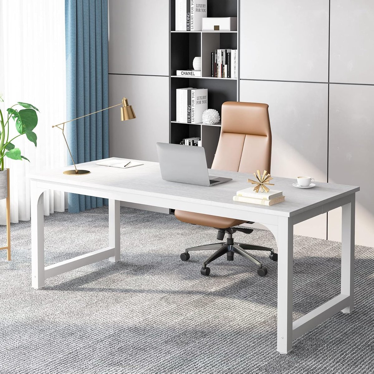 Computerbureau 180x80 Cm, Groot Industrieel Bureau Voor Thuiskantoor, PC En Laptop Werkstation Met Ruim Werkblad En Beenruimte, Stevig Metalen Frame (Wit)