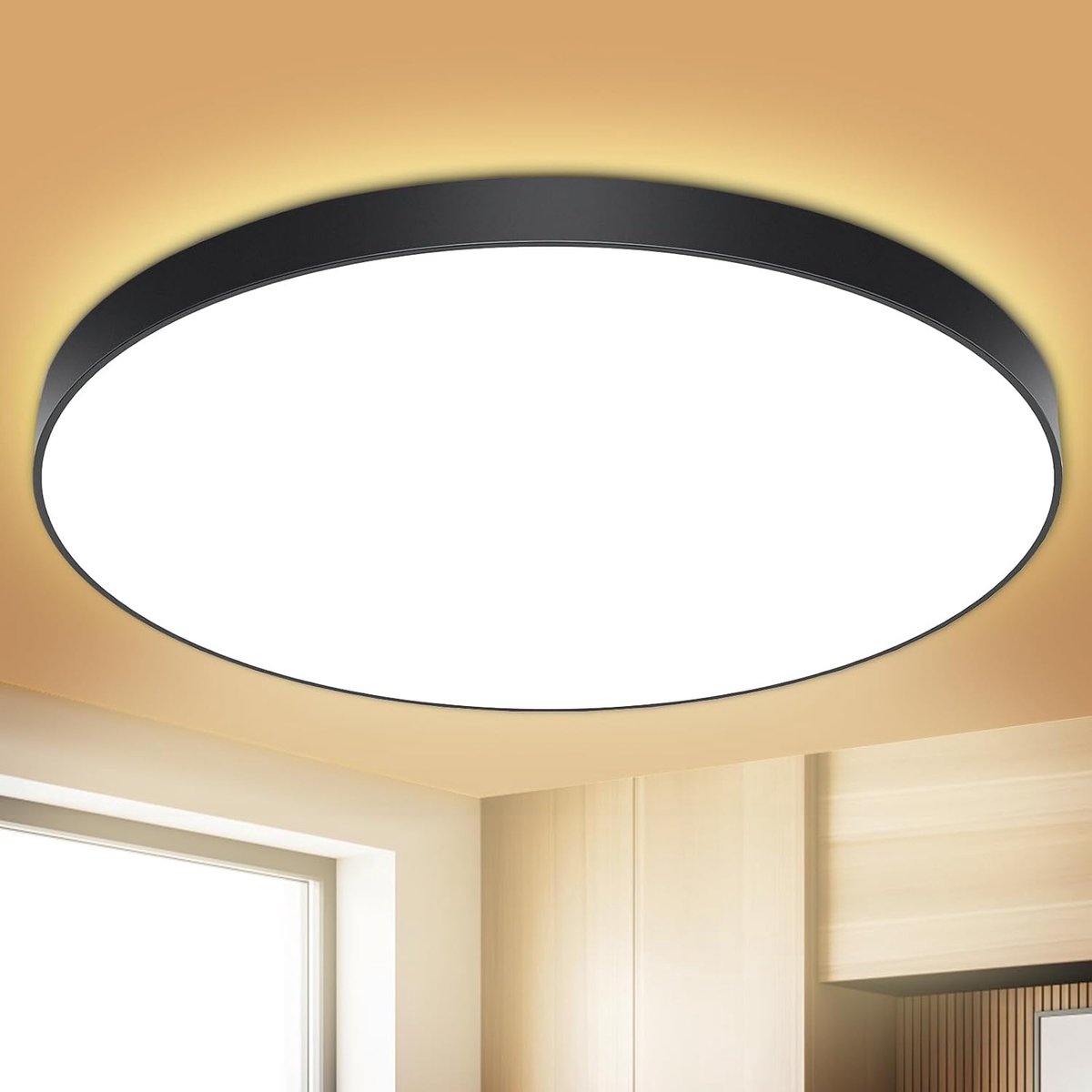 Led-plafondlamp, plafondlamp, 24 W, 2000 lm, 3000 K, plafondlamp voor badkamer, IP44, plafondlamp, slaapkamer, Ø 28 cm, geschikt voor badkamer, slaapkamer, keuken, woonkamer, balkon (zwart)