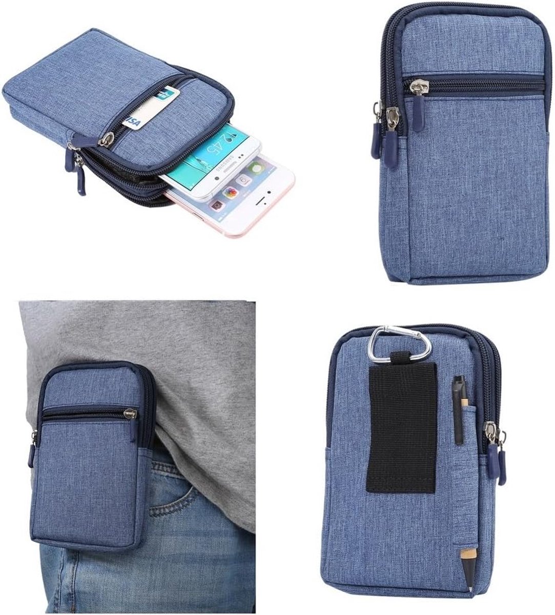Multifunctionele verticale strepen zakje tas tas ritssluiting karabijnhaak voor Motorola MILESTONE 2 - blauw (17 x 10,5 cm)
