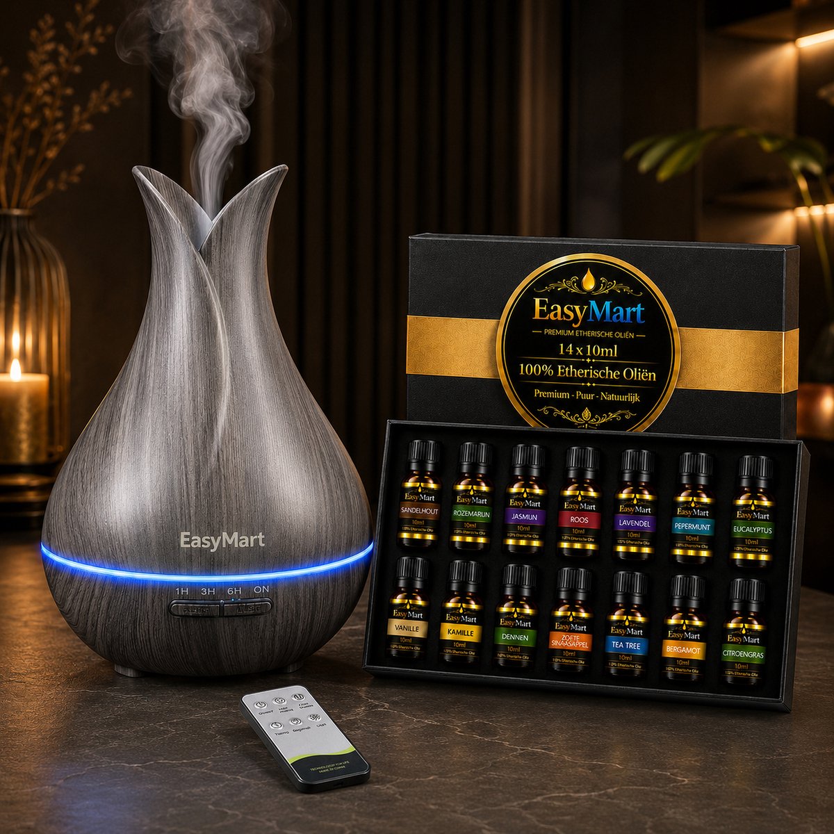 EasyMart _ Aroma Diffuser 500ML met 14 Essentiële Oliën – Luchtbevochtiger – Geurverspreider – Aromatherapie Diffuser – Ultrasone Aroma Verdamper – Afstandsbediening – 7 LED Kleuren – Timer – Donker Hout