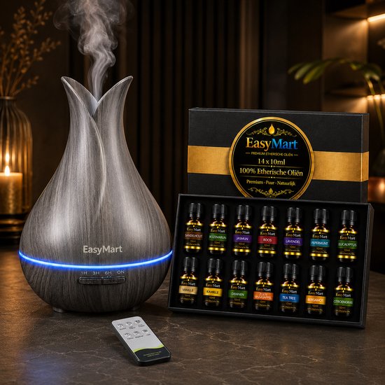 EasyMart aroma diffuser met donker houtnerf, een doos met 14 essentiële oliën en een afstandsbediening.