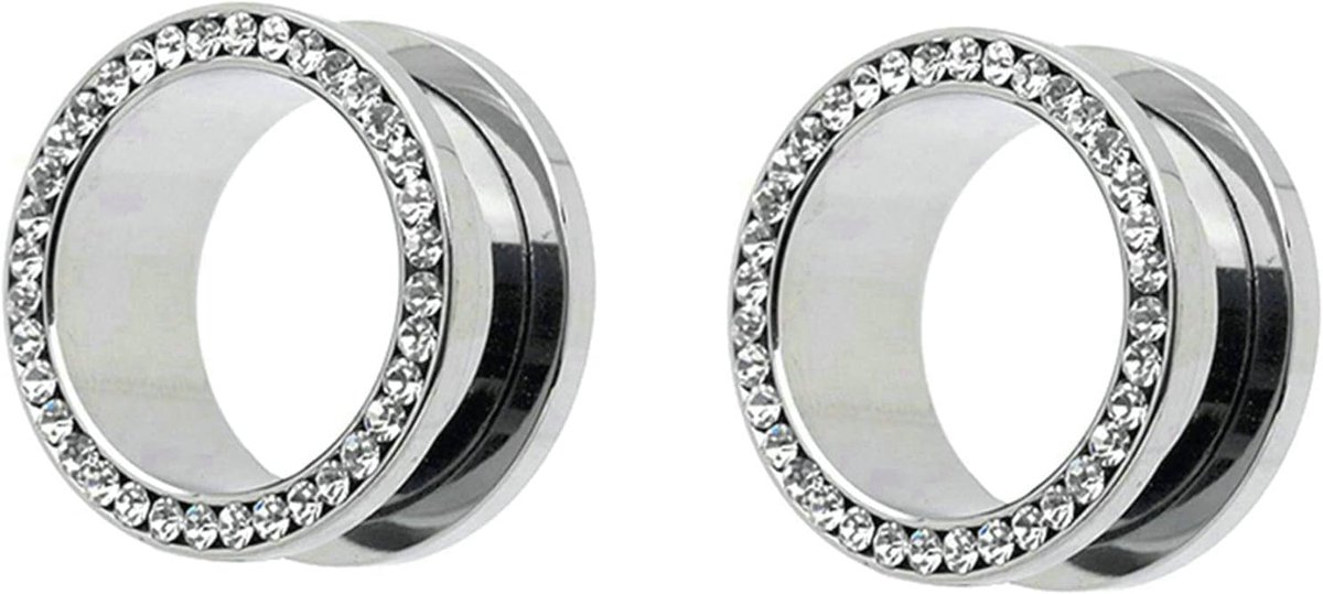 2 stuks chirurgisch staal meters voor oren, zilveren tunnels voor vrouwen oren met Cubic Zirconia oorbel meters kit