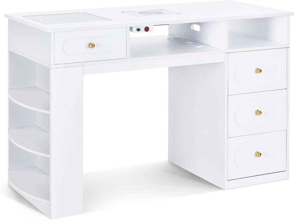 Manicure tafel met 4 laden, plank, 2 planken en glasplaat, nageltafel met afzuiging en 2 stofzuigerzakken, kaptafel van hout, bureau voor nagelstudio, wit, 55 x 120 x 80 cm, 2442