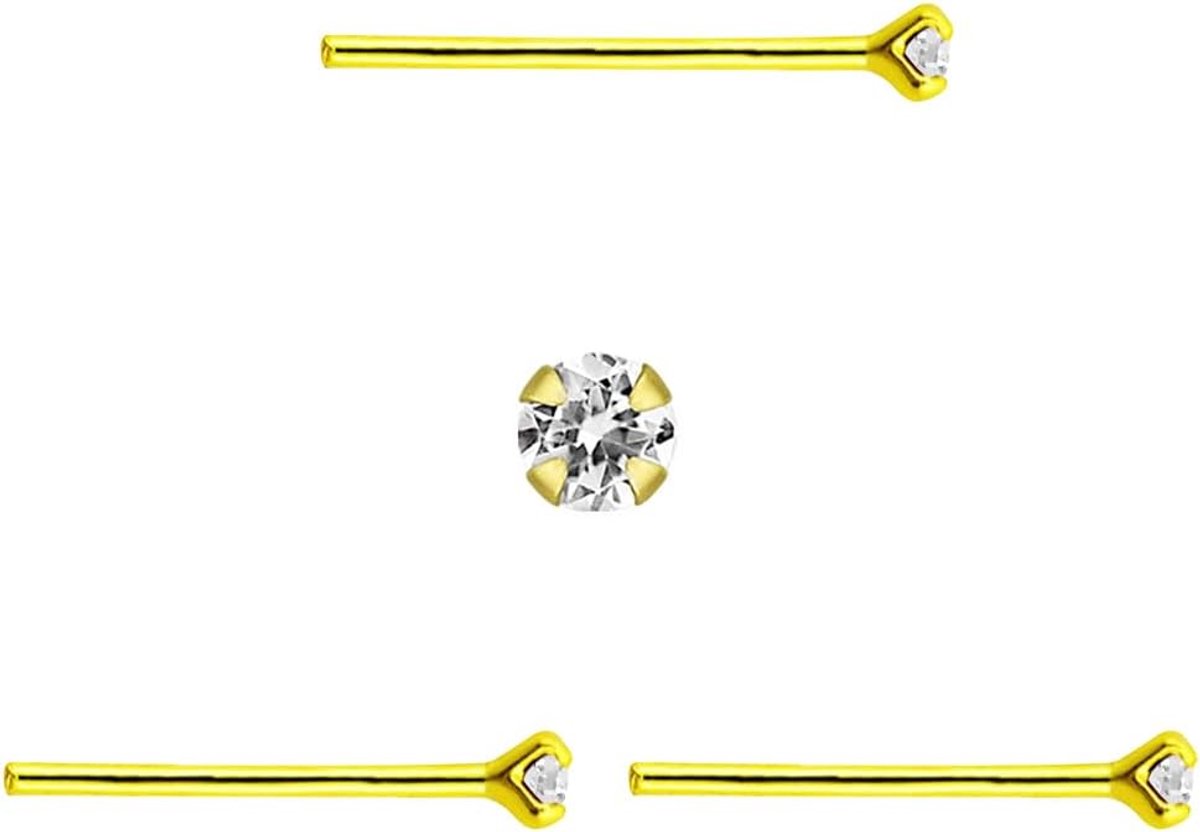 3 x neusstekers, rechte steel, goudkleurig, ronde zirkoniasteentjes, indrukwekkende glans, zeer klein, 1 mm, dunne staaf 0,6 mm