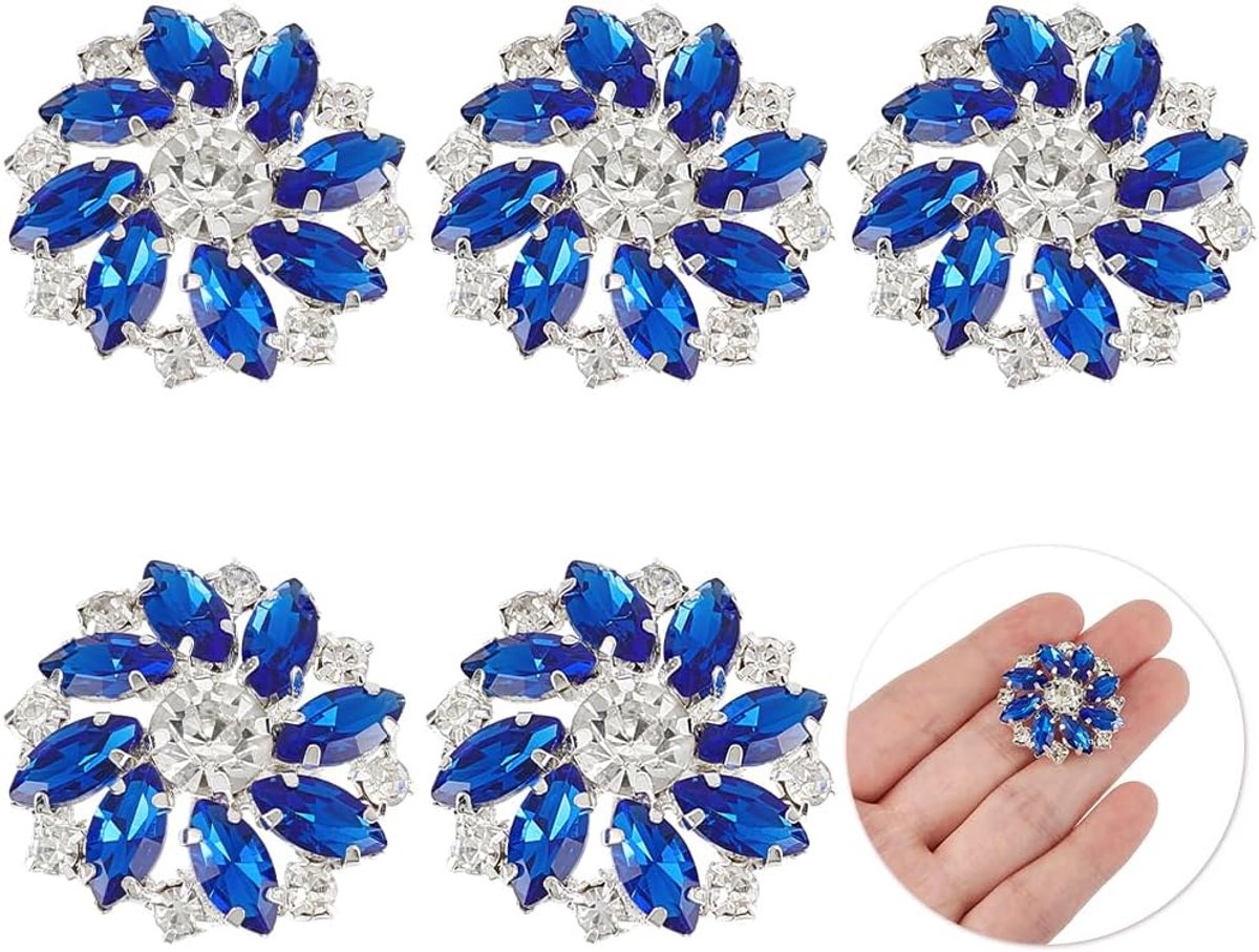6 stuks 26mm strassbloemknoppen Koper strass Koninklijk blauw naaien versieringen met 1 gat voor sieraden knutselen bruidsjurk DIY knutselwerk