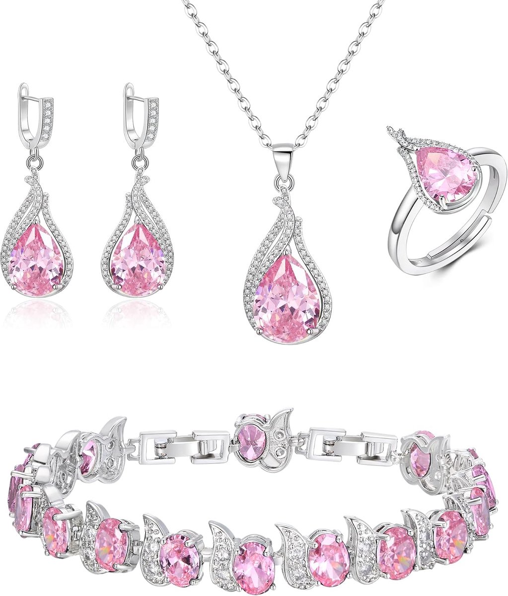 Sieradenset voor dames, zilver, traan, kubische zirkonia, halsketting met oorbellen, armband en open verstelbare ringenset voor roze zilvertint, kubische zirkonia, Zirkonia