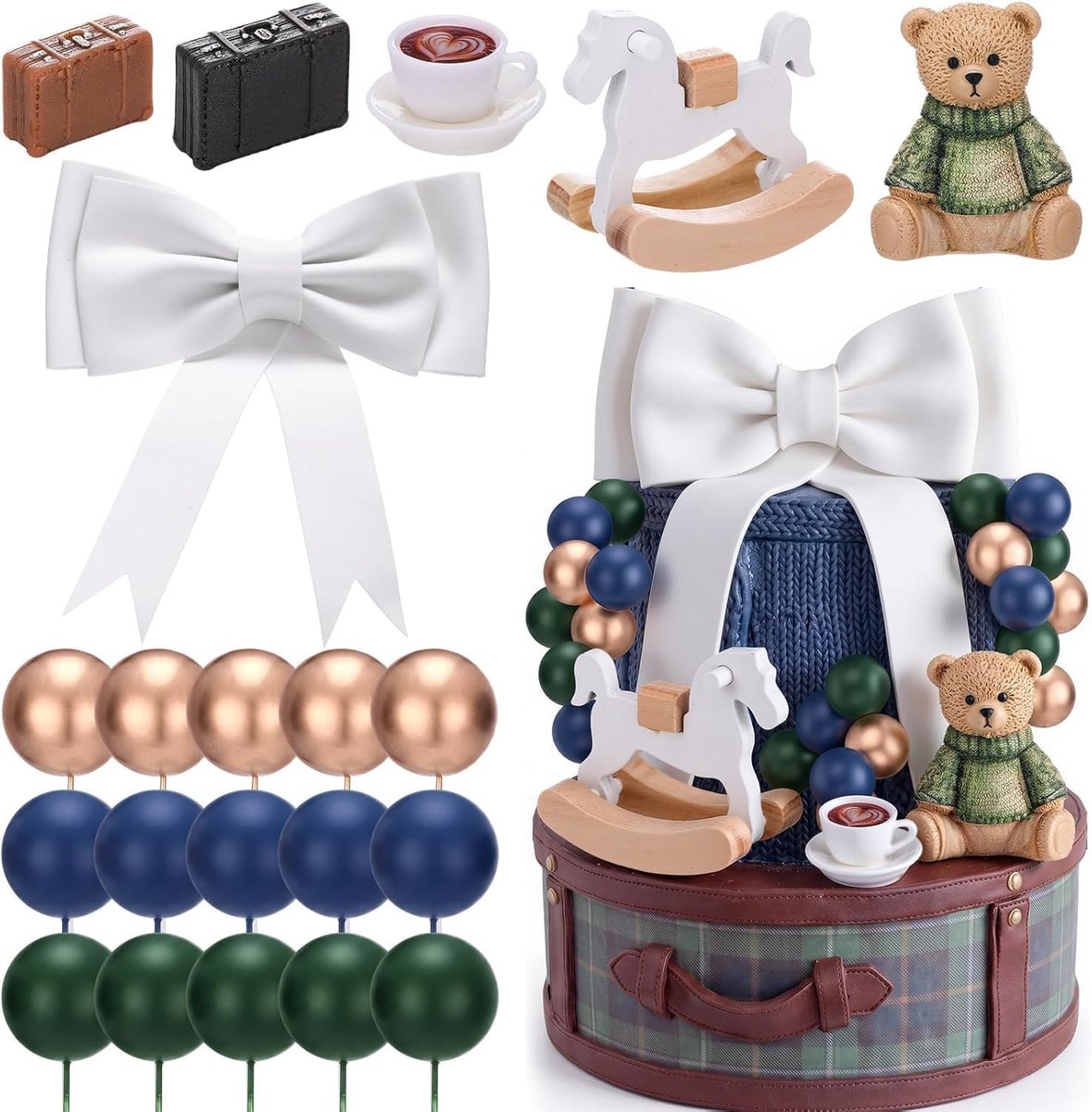 Taartdecoratie paard taartdecoratie vintage groen en blauw taartdecoratie ballen taartdecoratie koffiekop vintage koffer strik taarttopper voor verjaardag, feest, bruiloft, babyshower