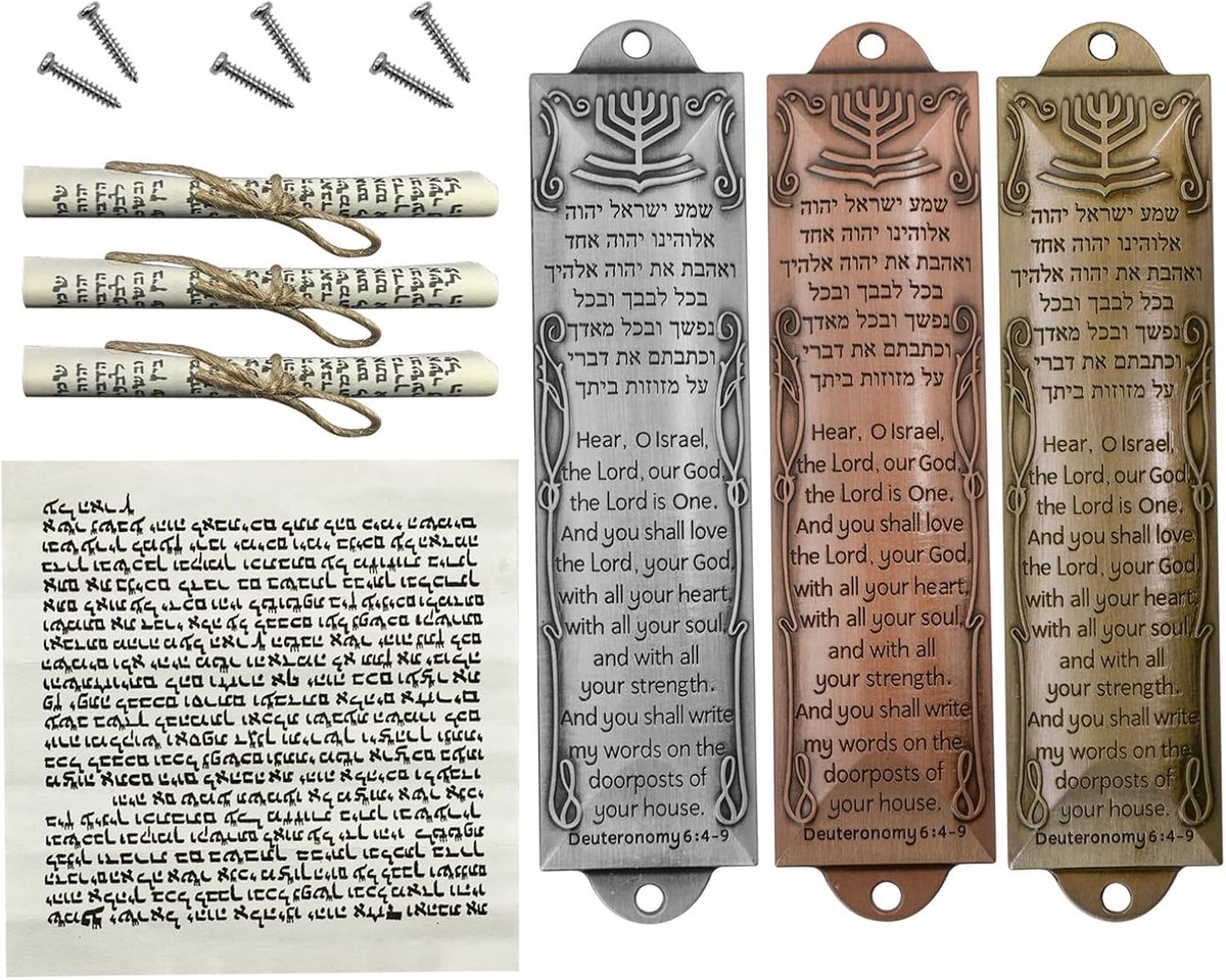 Mezuzah met rol voor deur, set van 2 zegen legering Mezuzah hoes met niet-koosjere rol voor Joodse geschenken, Joodse huis verwarmende decoratie, Kerstmis, Pasen (antiek goud, zilver en brons