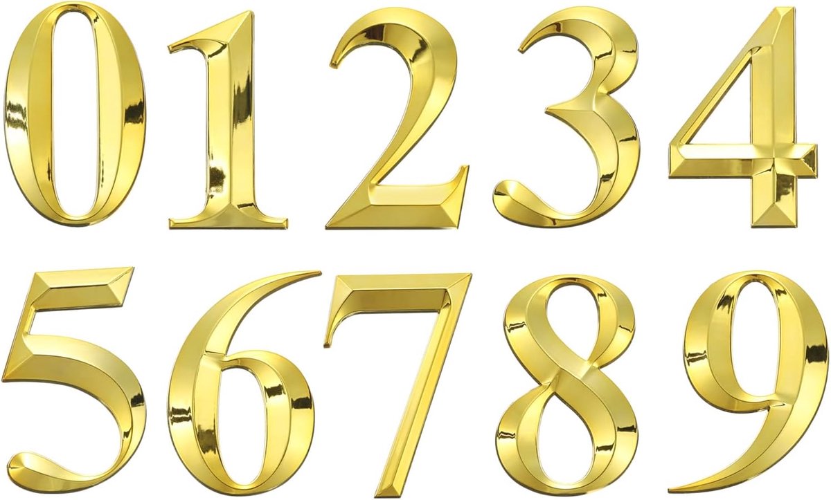 Huisnummers voor buiten, 10 stuks, 12,7 cm, 0-9, zelfklevende 3D-brievenbusstickers, sticker, nummer deur voor woning, kantoor, hotel, borden, goud