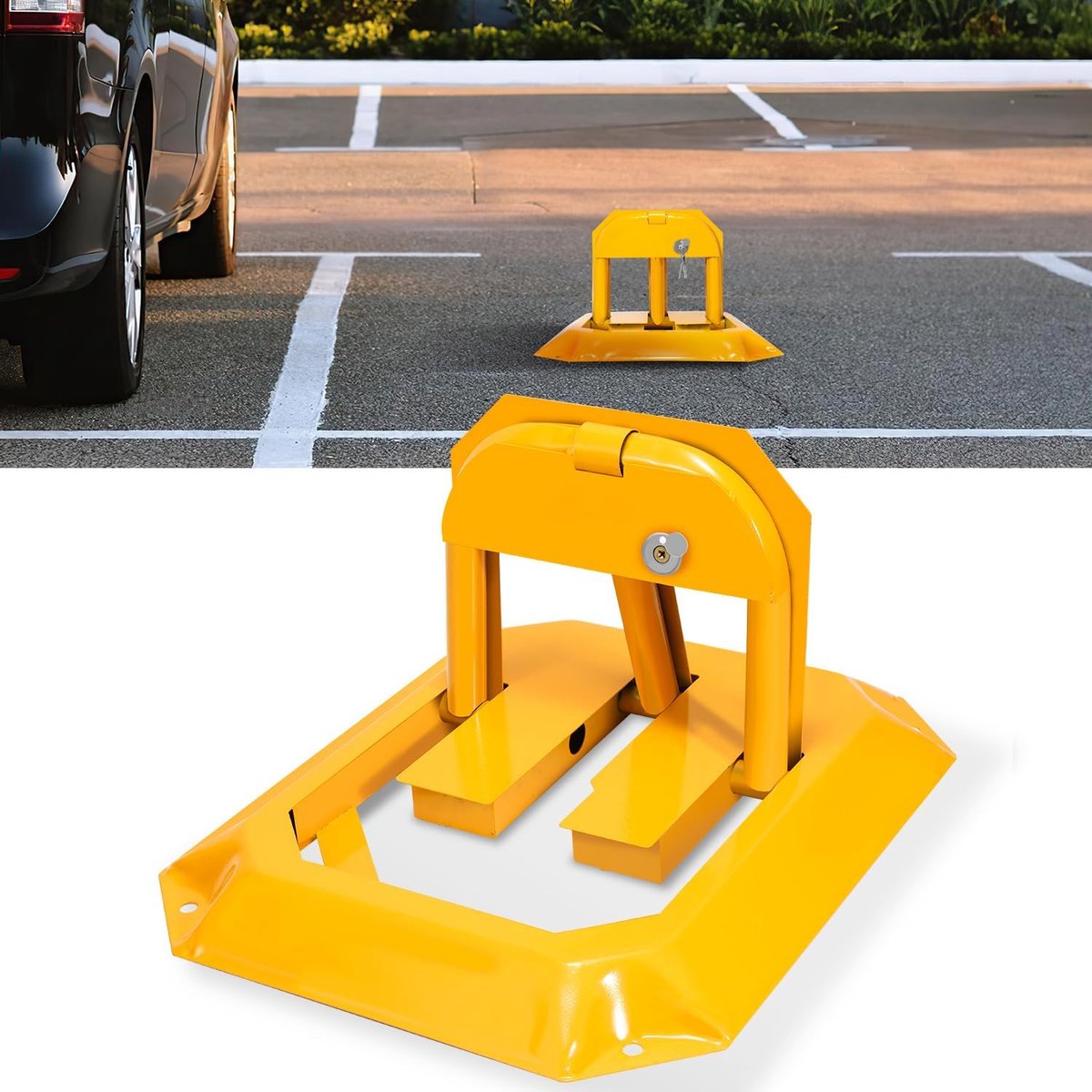 1 x parkeerpaal parkeerplaatsblokkering met 3 sleutels | inklapbare parkeerblokkering met 4 expansieschroeven | universeel parkeerslot | afsluitpalen voor garage en oprit (geel)