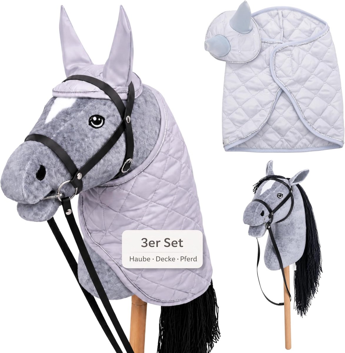 Paard Set – Groot steekspel voor kinderen met deken & vliegenmasker | Compleet Hobby Horsing Set met hoofdstel & 35 cm schroefstang | Grijs paard – Grijs accessoires