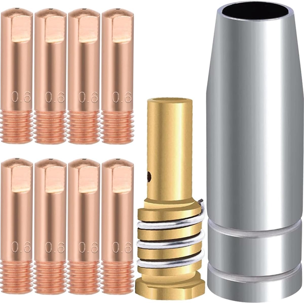 14AK conische gasmondstuk 0,6 mm 0,024" contacttiphouder diffuser voor MIG/MAG-lasbranderaccessoires M6 geleidende tip laspistool verbruiksartikelen vervangende onderdelen (10 stuks)